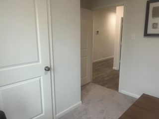 A simple interior with a beige carpet, white doors, and warm wood flooring leading to a bright hallway.