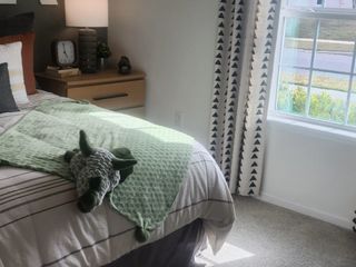 A charming kid’s bedroom with a playful dinosaur theme, bright accents, and a large sunlit window.