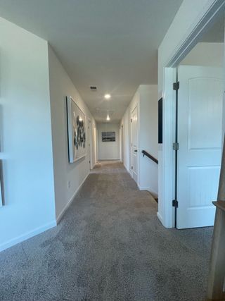 A bright hallway with plush carpet, modern artwork, and recessed lighting, creating a cozy and inviting atmosphere.