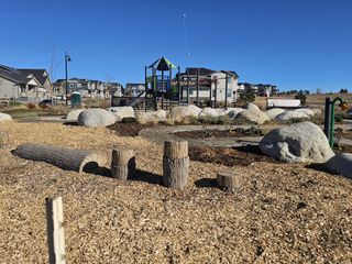 Community Amenities A vibrant play area with rock features and a playset in Sunset Village: The Grand Collection by Lennar (Erie, CO).