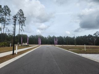 A serene street view with tall trees and promotional flags in The Villas at Bishop Oaks by Century Communities (Jacksonville, FL).