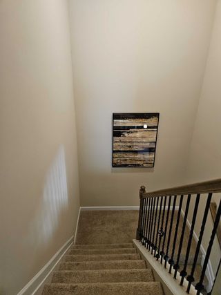 A cozy carpeted staircase with elegant railing and modern wall art.