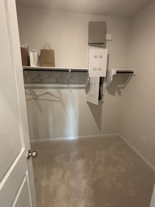 A spacious walk-in closet with a neutral palette, featuring shelf space and a carpeted floor for a cozy touch.