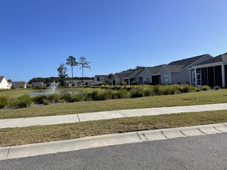 Charming neighborhood with landscaped yards and pond in Encore - Restore at Carolina Park by David Weekley Homes (Mount Pleasant, SC).