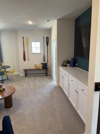 A cozy living area with carpeted flooring, decorative paddles, and built-in white cabinets for sleek storage.
