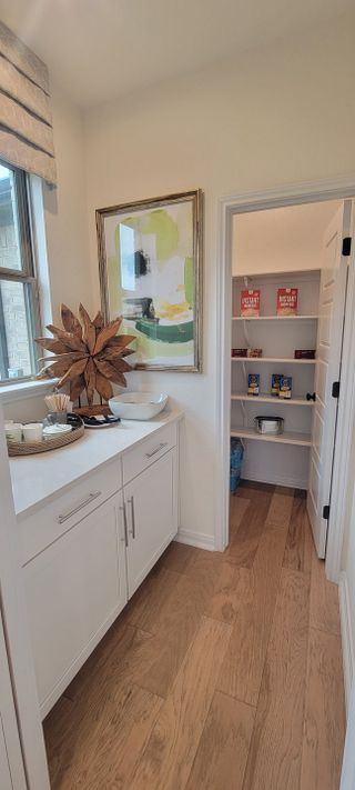 A convenient butler's pantry with white cabinetry, a countertop, and a walk-in pantry, in a Davis Ranch home by Coventry Homes (San Antonio, TX), blending functionality and style. 