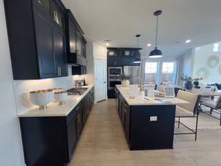 Model Home A modern kitchen with sleek black cabinets, a spacious island, and pendant lighting, offering a stylish cooking space.