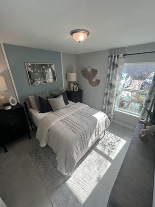 A cozy bedroom with a soft gray accent wall, contemporary decor, and ample natural light through large windows.