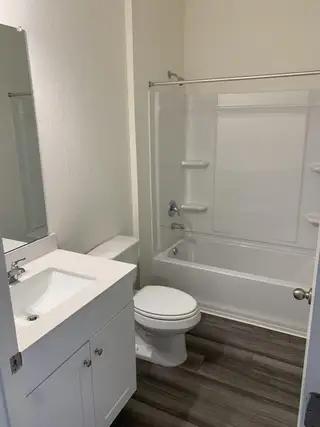 A modern bathroom featuring a sleek vanity, bathtub with shower, and wood-look flooring.