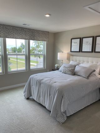 A cozy bedroom with a striped bedspread, plush carpet, and large windows offering plenty of natural light.