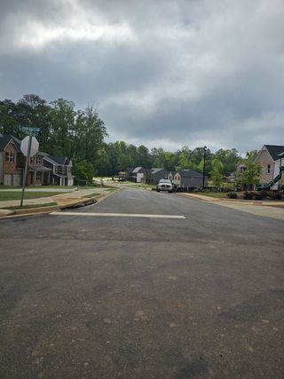 Charming neighborhood street with modern homes and lush greenery in Fern Dale by Dream Finders Homes (Fairburn, GA).
