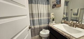 A cozy bathroom featuring a stylish vanity, decorative shower curtain, and charming wall art for a welcoming feel.