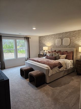 Model Home A serene primary bedroom with textured accent walls, plush carpeting, and large windows.