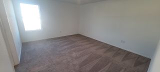 A spacious room with fresh carpet, white walls, and ample natural light from a large window.