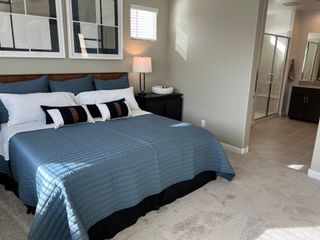 A cozy bedroom with a king-sized bed, blue bedding, and modern décor, leading to a sleek en-suite bathroom with glass shower.