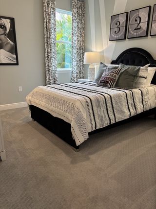 A cozy bedroom featuring a stylish bed, patterned curtains, modern art, and plush carpeting.