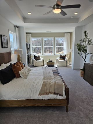 Model Home A spacious bedroom featuring a cozy bed, modern seating area, and abundant natural light from large windows.