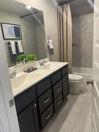 Model Home Modern bathroom featuring dual sinks, dark cabinetry, and a sleek tub with soft beige accents and contemporary decor.
