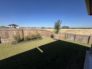 Street view A serene backyard with lush grass and young trees in Hunters Glen by Brightland Homes (Jarrell, TX).