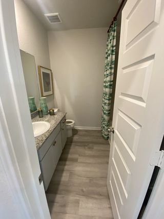 Model Home A modern bathroom featuring a granite-topped vanity, stylish decor, and a patterned shower curtain.