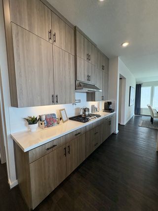 An open-concept kitchen with a waterfall island, integrated microwave, and dark wood flooring in Esperanza by Scott Felder Homes (Boerne, TX).