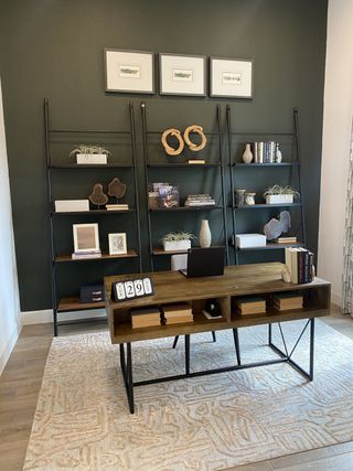 Model Home A modern home office featuring deep green accent walls, stylish shelving, and a sleek wooden desk.