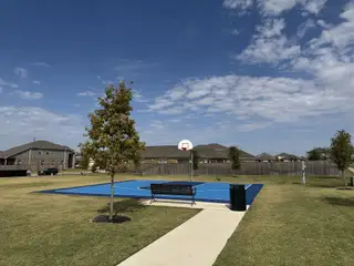 Community Amenities A vibrant blue basketball court in Firefly Pointe: Cottage Collection by Lennar, surrounded by lush lawns in Hutto, TX.