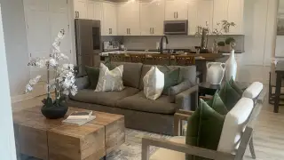 A cozy living area with a modern kitchen, plush gray sofa, and elegant wooden accents complemented by green pillows and plants.