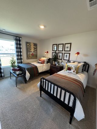 A cozy bedroom with twin beds, plaid curtains, and nature-themed decor creating a warm and inviting ambiance.