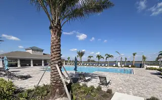 A luxurious poolside oasis with palm trees and a serene lake view in Buena Lago by D.R. Horton (St. Cloud, FL).