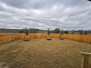 A spacious fenced backyard with young trees in Riverstone at Westpointe by D.R. Horton, San Antonio, TX.