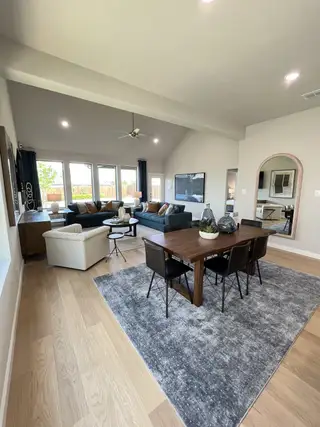 An open living area with sleek furniture, a cozy rug, light wood floors, and large windows creating a bright, airy space.