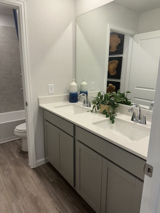 A modern bathroom with dual sinks, sleek cabinetry, decorative accents, and wood-look flooring.