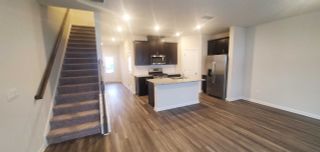 A modern kitchen with dark cabinets, stainless steel appliances, and an adjacent staircase, all illuminated by recessed lighting.