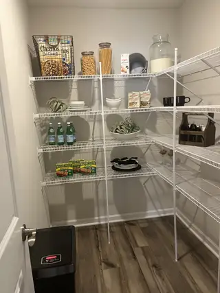 A neatly organized pantry with wire shelving, stocked with essentials and accented with decorative plants.