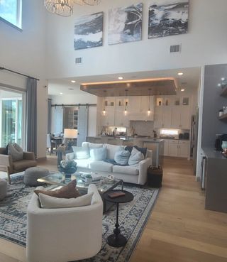 A modern living area with high ceilings, cozy seating, wooden floors, and an open kitchen, enhanced by elegant lighting.