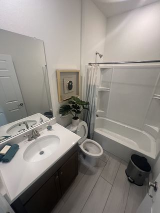 A modern bathroom featuring a sleek vanity, elegant fixtures, and a cozy bathtub, accentuated with subtle decor touches.