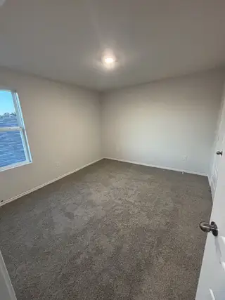 A bright bedroom with plush carpeting, soft gray walls, and a single window offering natural light.