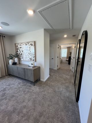 A modern hallway with plush carpet, abstract art, sleek wooden console, and large mirrors for a contemporary touch.