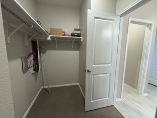 A spacious walk-in closet with neutral walls, carpeted flooring, and ample shelving for storage and organization.