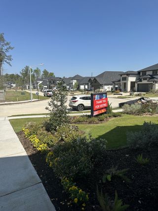 A beautifully landscaped street view in ARTAVIA 55' Lots by J. Patrick Homes, showcasing modern homes in Conroe, TX.
