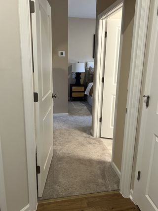 A cozy hallway leading to a beautifully styled bedroom, featuring plush carpeting and soft neutral tones.