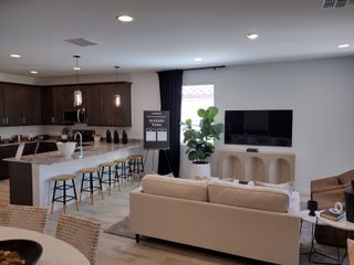 A modern living area with an open kitchen, sleek brown cabinetry, cozy seating, and stylish accents.