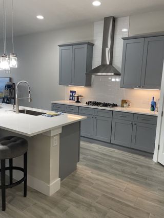 A contemporary kitchen featuring sleek gray cabinets, a spacious island, and modern stainless steel accents.