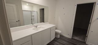 Modern bathroom with sleek white vanity, large mirror, and wood-look flooring.