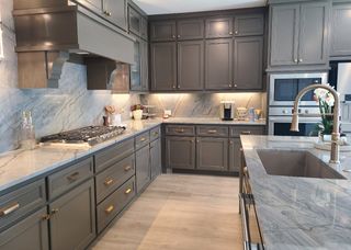 A luxurious kitchen with sleek gray cabinets, marble countertops, and modern appliances.
