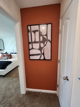 A cozy hallway featuring burnt orange accent wall, abstract artwork, and plush carpet leading to a stylish bedroom.