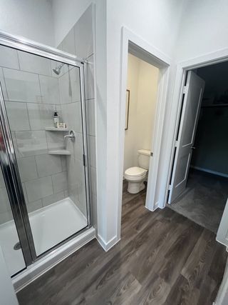 Modern bathroom with a sleek glass shower, wood-look flooring, and a separate toilet area.