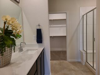Model Home A modern bathroom with a sleek vanity, elegant floral decor, and a spacious walk-in closet for added convenience.