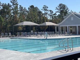 A modern community pool with sun loungers and shaded seating in Bradford Pointe by Centex in Summerville, SC.